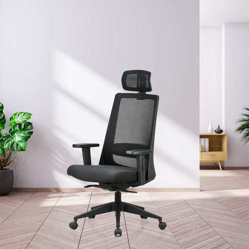Featherlite Amaze High Back Mesh Chair with Self Calibrating Multilock Mechanism & Fabric Upholstered Cushion Seat(Black)