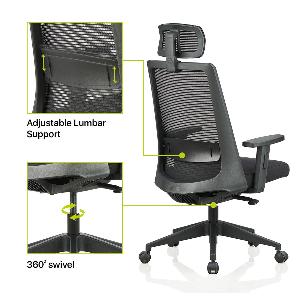 Featherlite Amaze High Back Mesh Chair with Self Calibrating Multilock Mechanism & Fabric Upholstered Cushion Seat(Black)