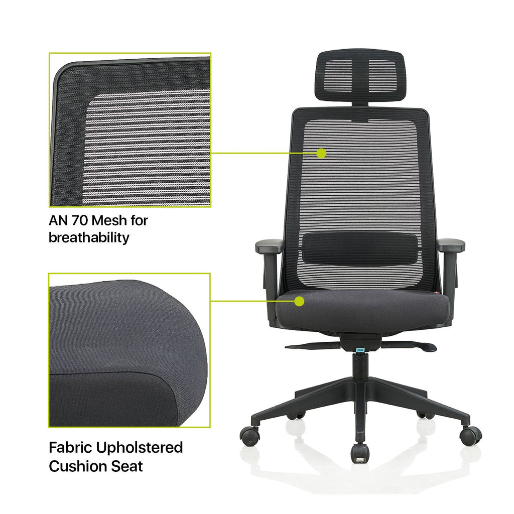 Featherlite Amaze High Back Mesh Chair with Self Calibrating Multilock Mechanism & Fabric Upholstered Cushion Seat(Black)