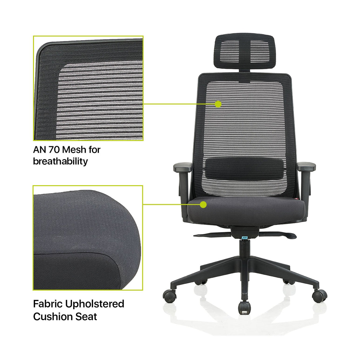 Featherlite Amaze High Back Mesh Chair with Self Calibrating Multilock Mechanism & Fabric Upholstered Cushion Seat(Black)