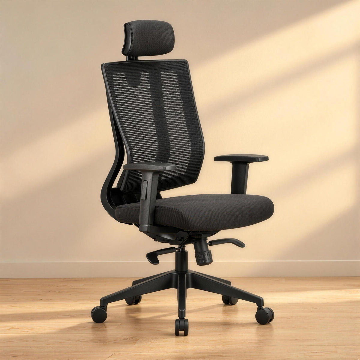 Featherlite Liberate mesh office chair with headrest, showing the DynaFlex dual frame back