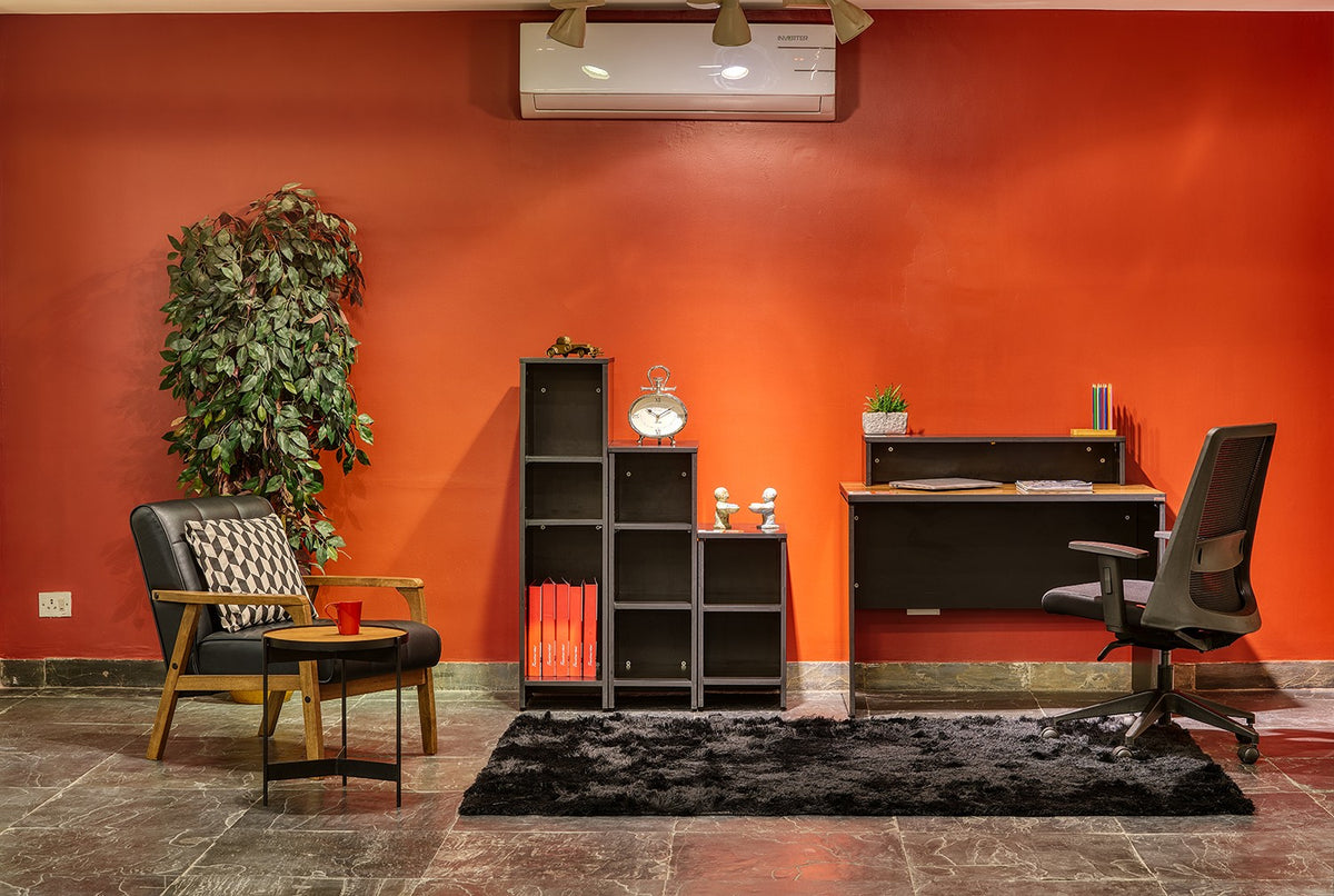 Featherlite Amaze chair at a desk with storage shelves in a home office