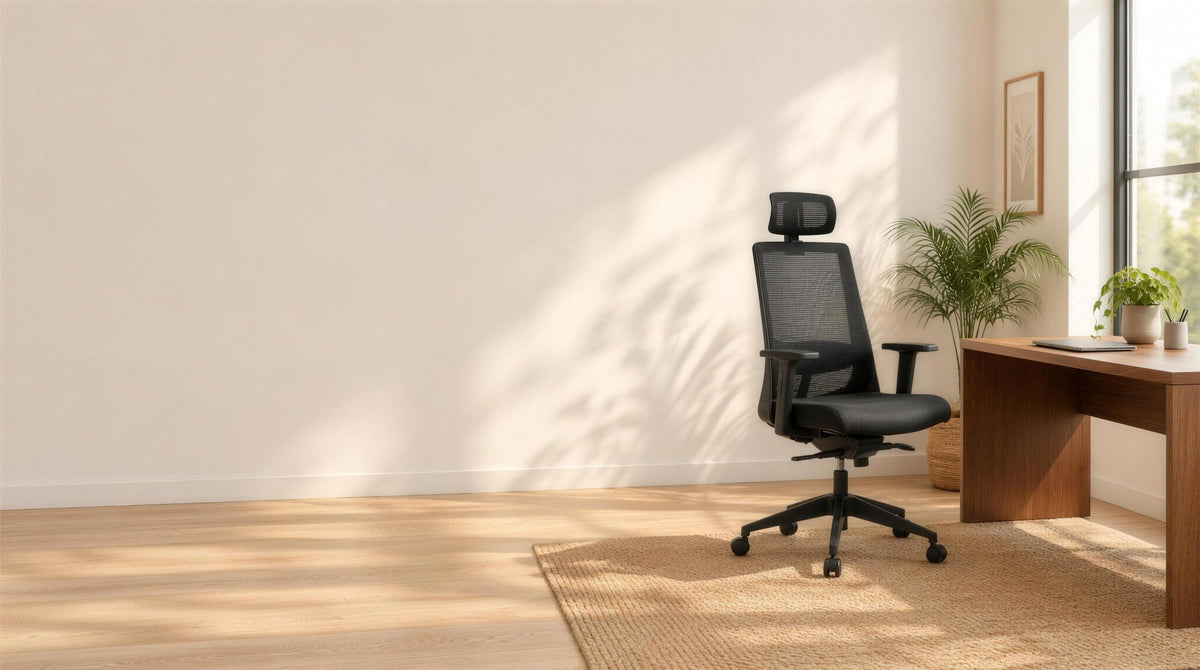 Featherlite Amaze mesh office chair with headrest in a sunlit home office